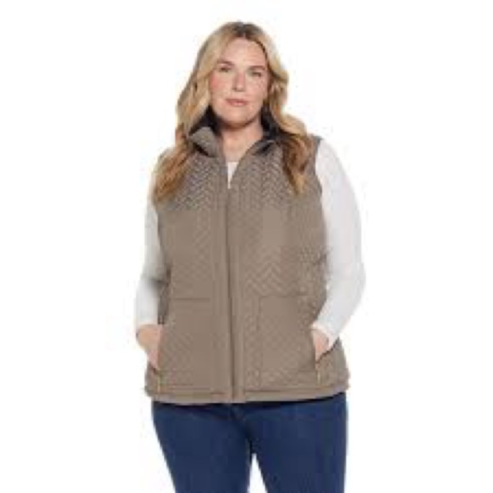 Quilted Puffer Vest Womens 3X Brown Full Zip Sleeveless Lightweight 22W-24W